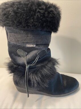 Tecnica Black Fur Midcalf Winter Boots with Tie Made in Italy, European size 43,